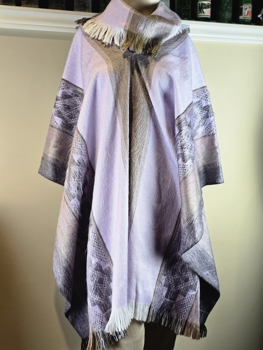Ladies Fringe Poncho In Lavender And Earth Tones